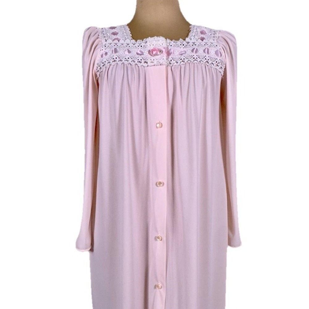 Vintage Shadowline Pink Nylon Nightgown Lace Yoke Ribbon Trim Button Front Small